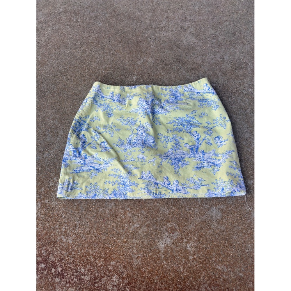 Vintage Toile de Jouy Mini Skirt Yellow Blue Pastoral Scenic Print Size 10/31